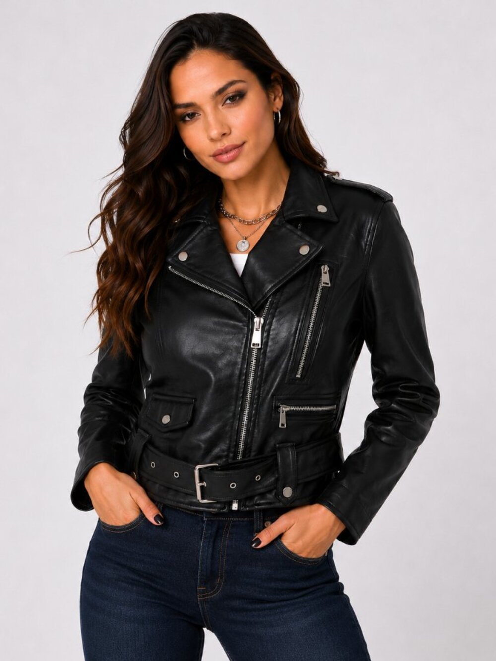 WSZ Women’s Black Moto Jacket Faux Leather Belted Biker Jacket Size Small NWT - Picture 2 of 12